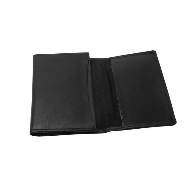 Schwarzes Leder-Visitenkartenetui mit verschiedenen Fächern geöffnet