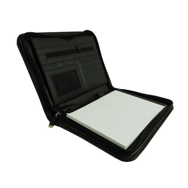 Schwarze, geöffnete Lederschreibmappe mit Notizblock, Kartenfach und Papierfach