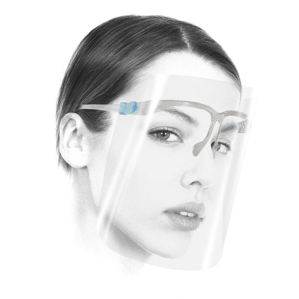 Durchsichtiges Gesichtsvisier mit grauem Gestell an einem Gesicht seitlich gezeigt