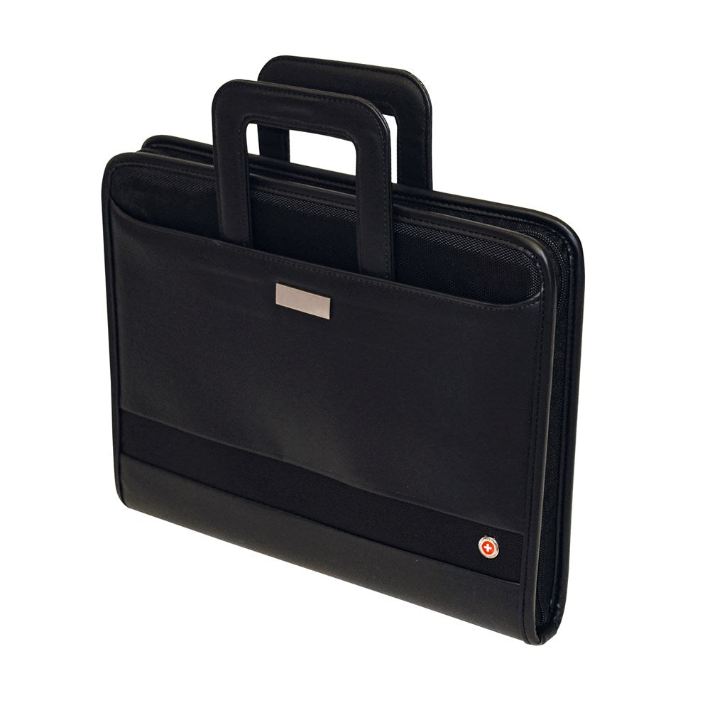 Schwarze, geschlossene Lederschreibmappe mit zwei Taschenhenkeln