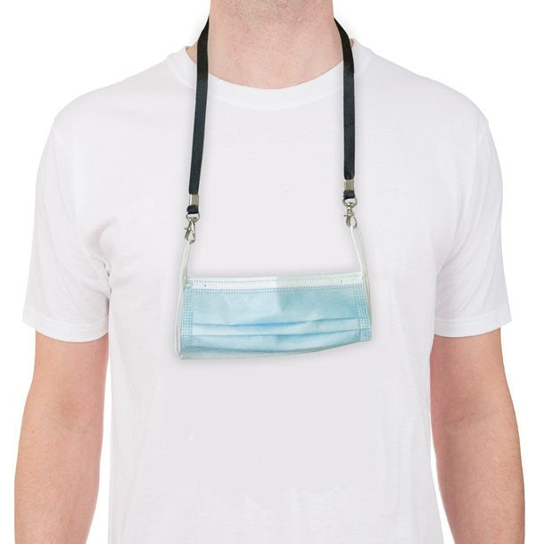 Gesichtsmasken Umhängeschnur in schwarz mit zwei silbernen Klammern