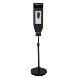 Weisser Desinfektionsmittel Spender an einem schwarzem Gestell