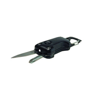 Schwarzer Karabiner mit schwarzen und silbernen Details und einer integrierten Taschenlampe von hinten mit Taschenmesser und Schraubenzieher ausgeklappt