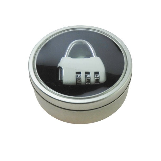 Weisses Gepäcksschloss mit Dreizahlenkombination in einer Runden Aluminiumverpackung und durchsichtiger Oberseite