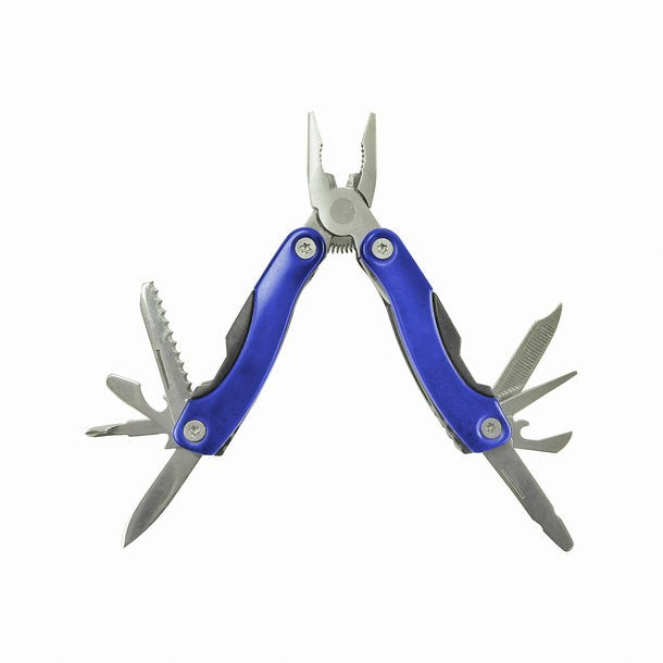 Blaues, ausgeklapptes Taschenwerkzeug mit silbernen Werkzeugen und silbernen Details