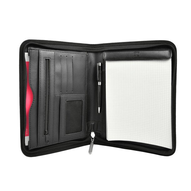 Schwarze, geöffnete Lederschreibmappe mit Reissverschluss, einem Stift, Notizblock, Kartenfach und Papierfach