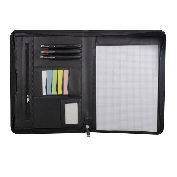 Schwarze Leder-Schreibmappe mit Stiften, Zetteln, Fächern und einem Notizblock
