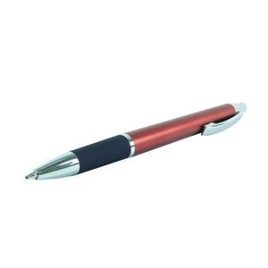 Moderner, roter Kugelschreiber mit silbernen und schwarzen Details schräg von vorne