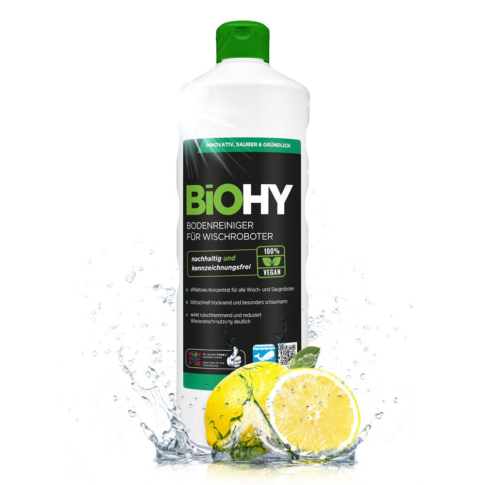 Bodenreiniger für Wischroboter in weißer Flasche mit grünem Deckel