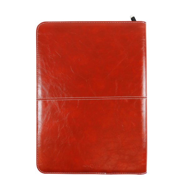 Rote Lederschreibmappe von unten