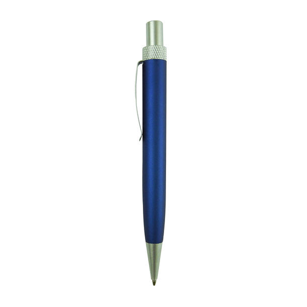 Blauer Kugelschreiber mit silbernen Details von der Seite