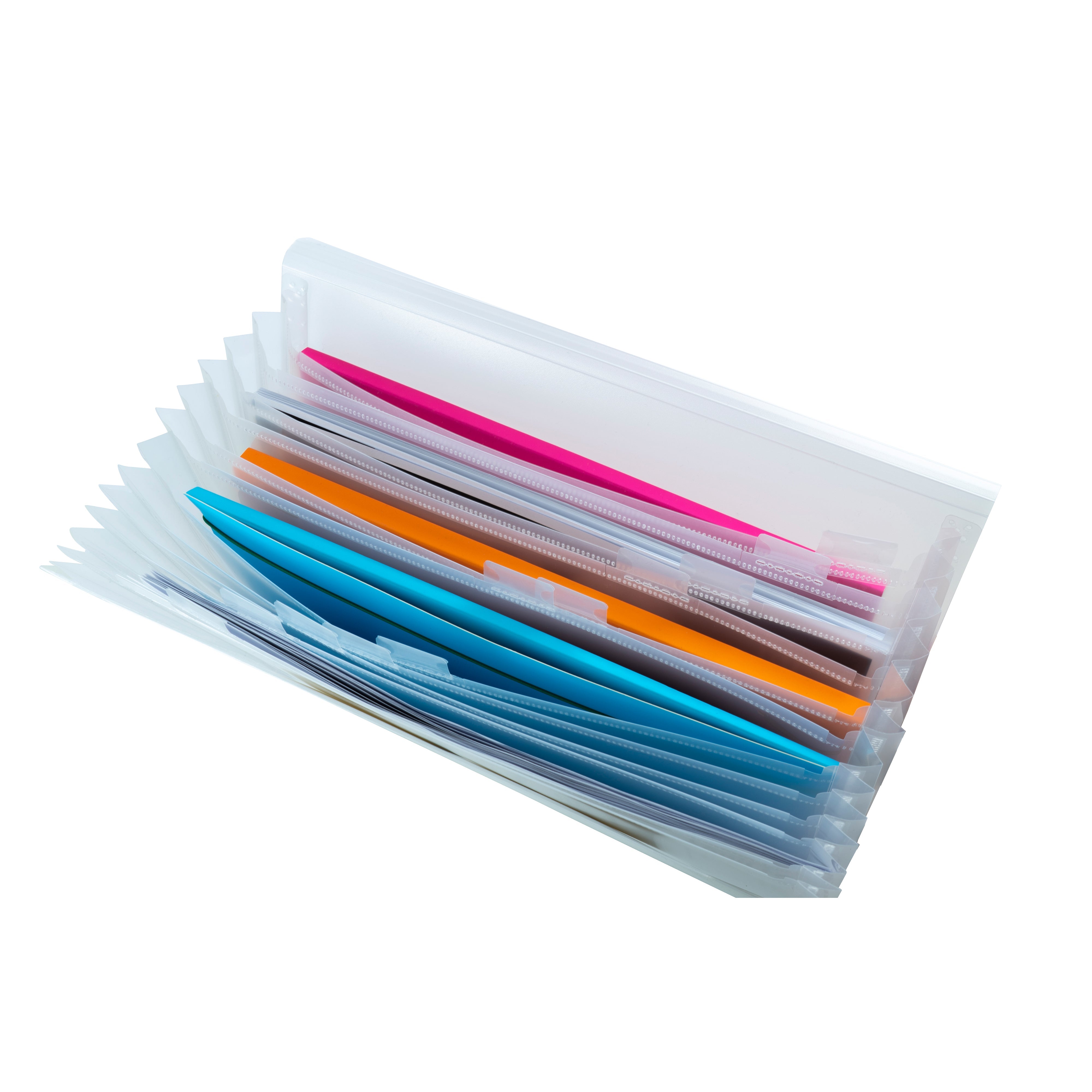 Transparente Fächermappe mit schwarzen Gummis geöffnet mit Unterlagen drinnen