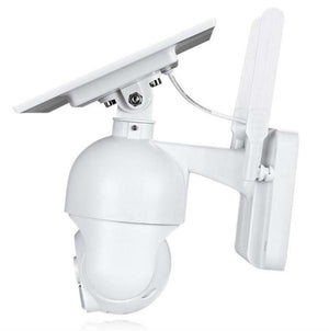 Weisse, solarbetriebene Überwachungskamera von der Seite