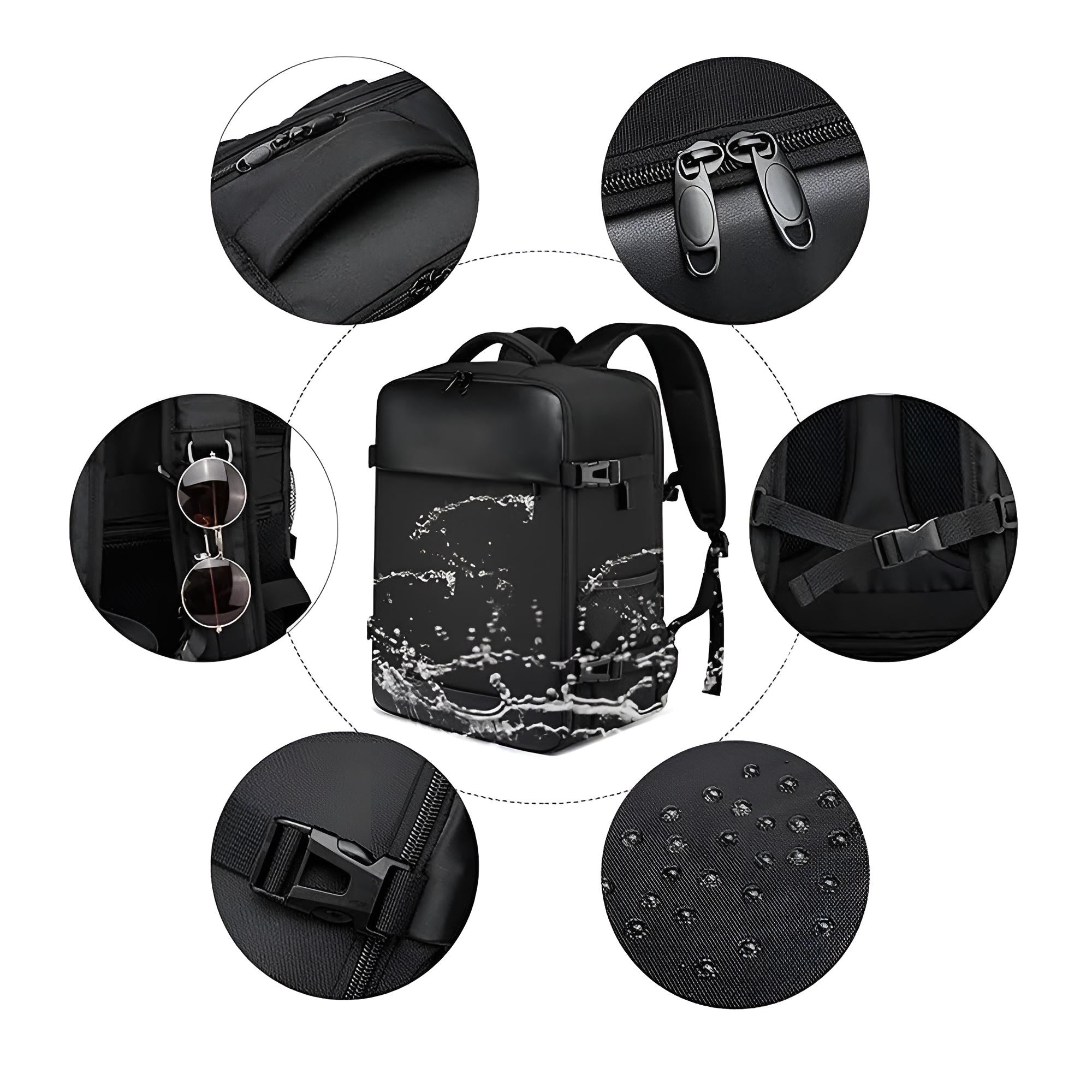 Produktdetails des schwarzen Rucksacks: Verschlüsse, Henkel, wasserfest