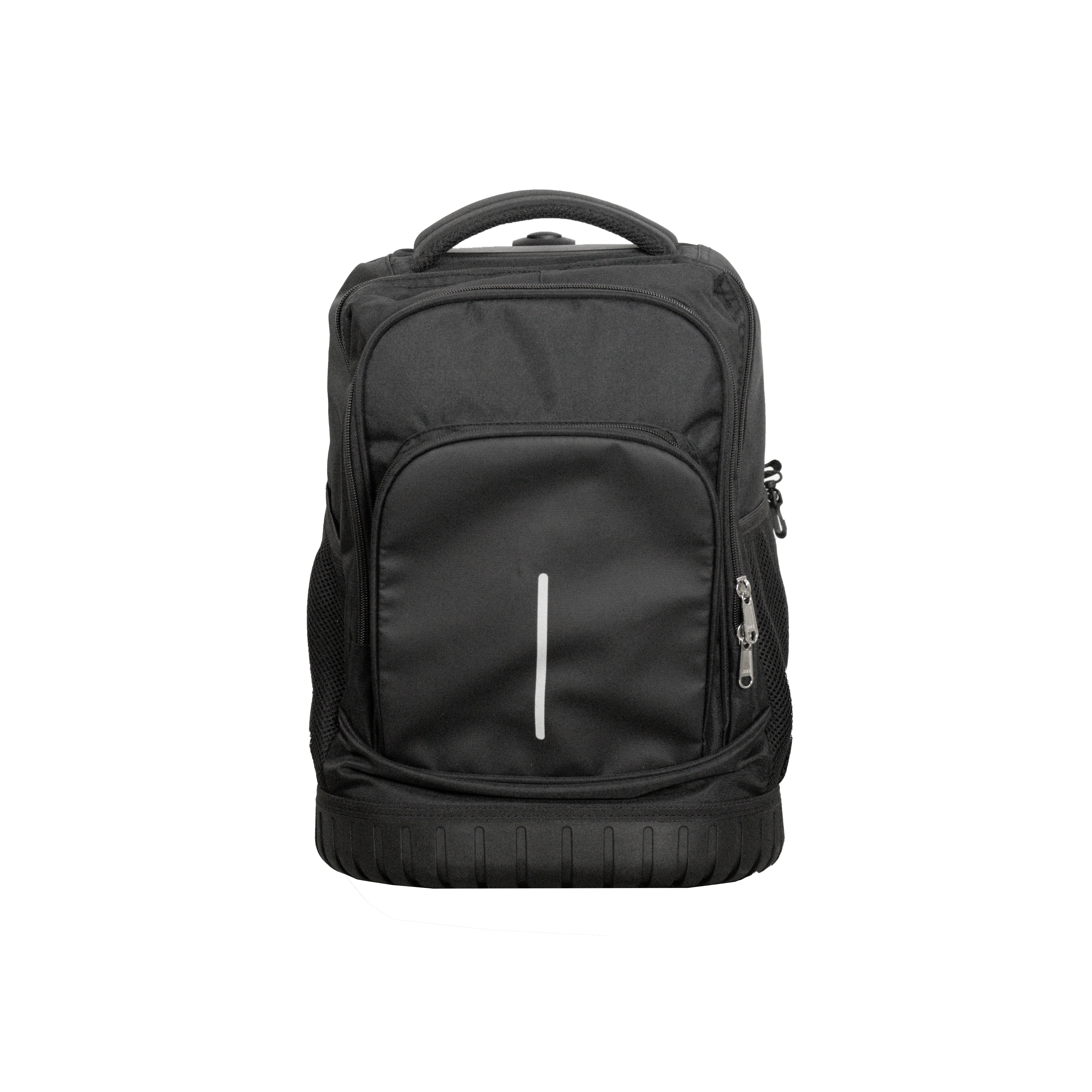 Schwarzer Rucksack-Trolley von vorne mit Griff eingefahren