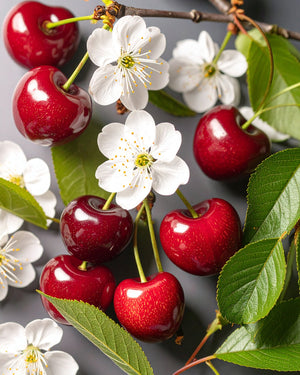 Kirschen und Frühlingsblumen