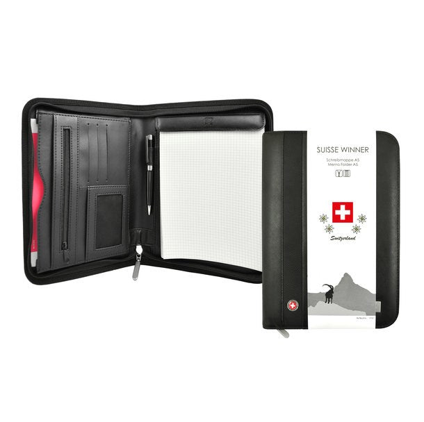 Schwarze Lederschreibmappe mit Reissverschluss, einem Stift, Notizblock, Kartenfach und Papierfach