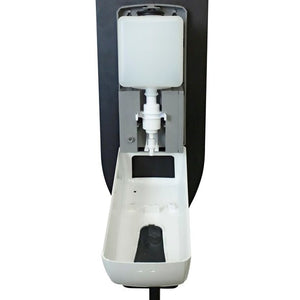 Geöffneter, weisser Desinfektionsmittel Spender an einem schwarzem Gestell