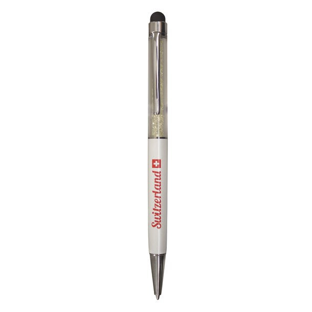 Eleganter, weisser Kugelschreiber mit silbernen Details und einem "Switzerland" Schriftzug