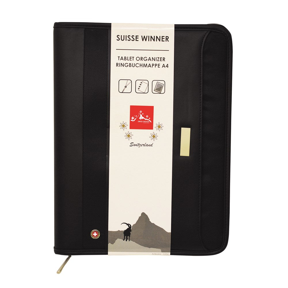 Schwarze, geschlossene Lederschreibmappe mit Etikett