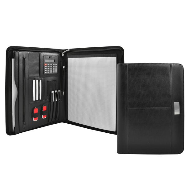 Schwarzer Lederfolder mit Notizblock, Taschenrechner, Stiften, USB-Sticks, Kartenfach und Papierfach