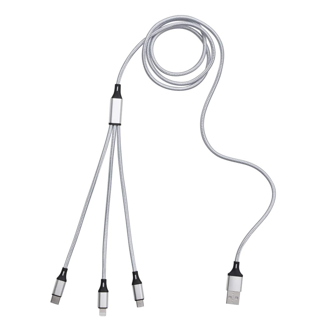 Weisses Ladekabel mit USB-, Lightning- und Micro-USB-Anschlüssen ausgelegt